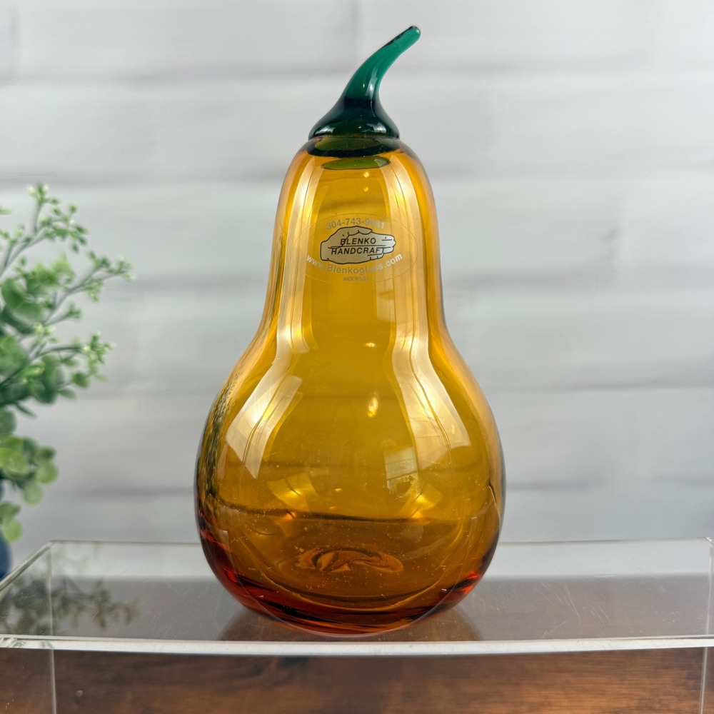 Blenko 9351 Art Glass Pear Figurine Topaz Handcrafted USA 7"